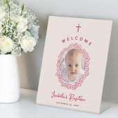 Pink & Red Girl Baptism Photo in Flower Wreath 台座サイン