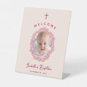 Pink & Red Girl Baptism Photo in Flower Wreath 台座サイン (正面)