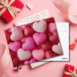 Pink Red Glitter Hearts Valentine`s Day Card  ポストカード