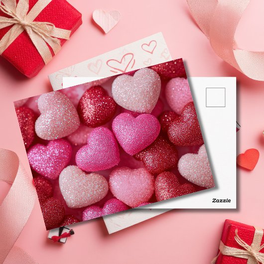 Pink Red Glitter Hearts Valentine`s Day Card  ポストカード