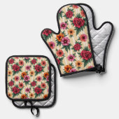 Pink Red Gold Flowers on Tan Stripes 鍋つかみ&鍋敷きセット (正面/裏面)