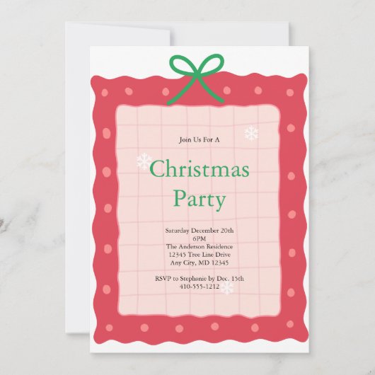 Pink Red Green Coquette Bow Doodle Christmas Party 招待状 (正面)
