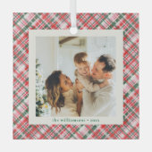 Pink Red Green Plaid Cute Photo Keepsake Christmas ガラスオーナメント (正面)