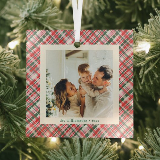 Pink Red Green Plaid Cute Photo Keepsake Christmas ガラスオーナメント (インサイチュ)