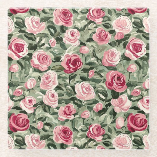Pink Red Green Roses Floral ガラスコースター (正面)