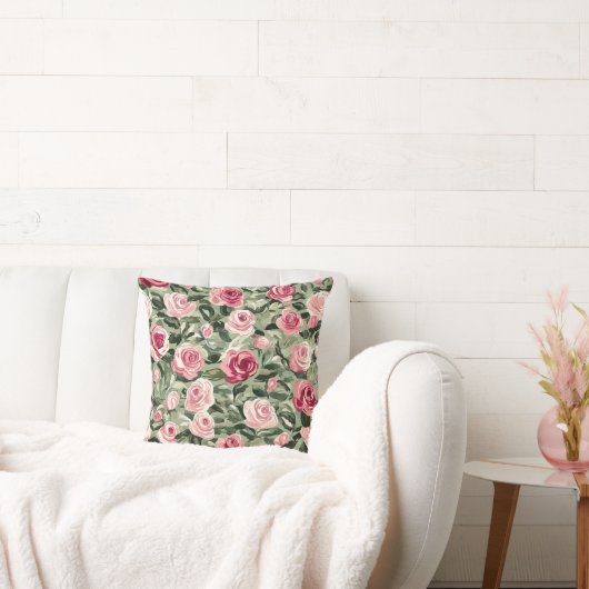 Pink Red Green Roses Floral クッション (ソファ)
