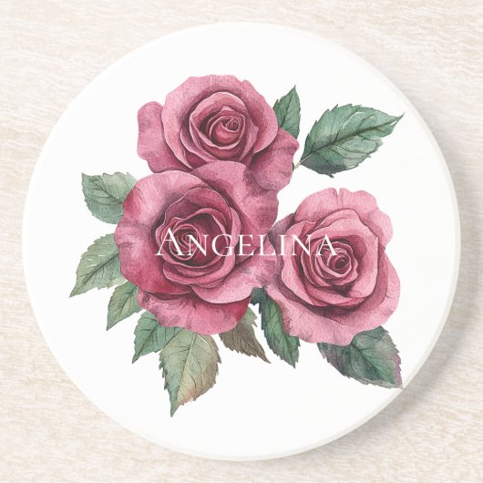 Pink Red Green Roses Floral コースター (正面)