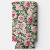 Pink Red Green Roses Floral スリム缶クーラー (正面)