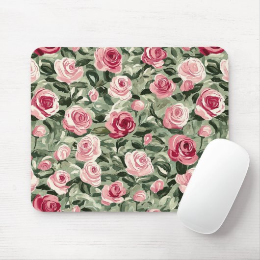 Pink Red Green Roses Floral マウスパッド (マウス)