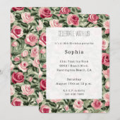 Pink Red Green Roses Floral Birthday 招待状 (正面/裏面)