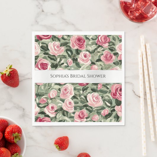 Pink Red Green Roses Floral Bridal Shower スタンダードランチョンナプキン (インサイチュ)
