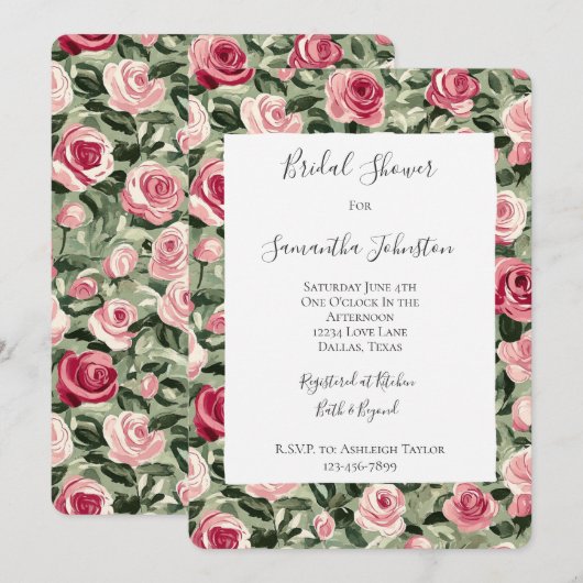 Pink Red Green Roses Floral Bridal Shower 招待状 (正面/裏面)