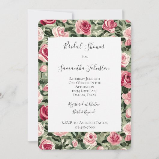 Pink Red Green Roses Floral Bridal Shower 招待状 (正面)