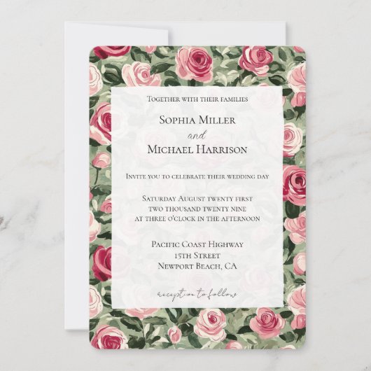 Pink Red Green Roses Floral Wedding 招待状 (正面)