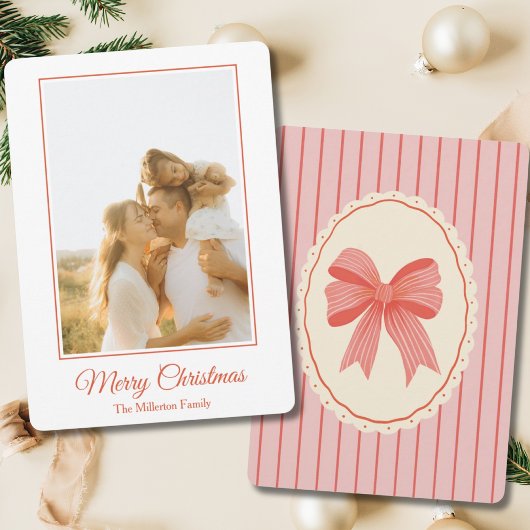 Pink Red Hand Drawn Bow Photo Christmas Card シーズンカード