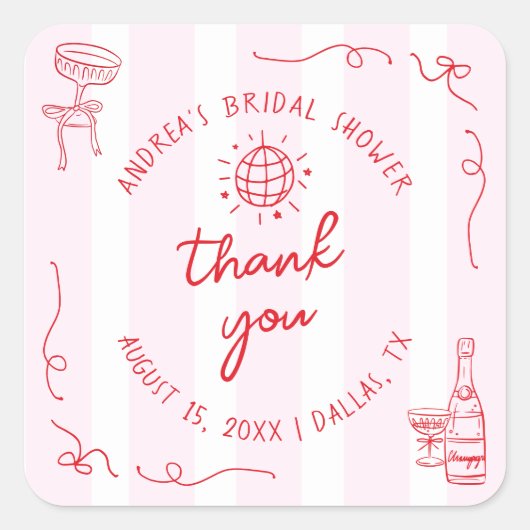 Pink & Red Hand Drawn Bridal Shower Thank You スクエアシール (正面)