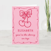 Pink Red Hand Drawn Cherry On Top Valentines Day シーズンカード (正面)