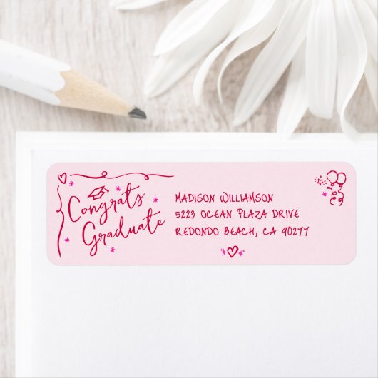 Pink Red Hand Drawn Doodle Graduation Fun Address ラベル (インサイチュ)