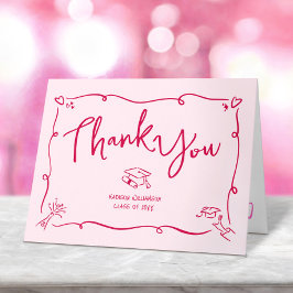Pink Red Hand Drawn Doodle Style Graduation Quirky サンキューカード