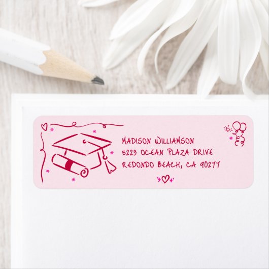 Pink Red Hand Drawn Doodles Graduation Cap Address ラベル (インサイチュ)