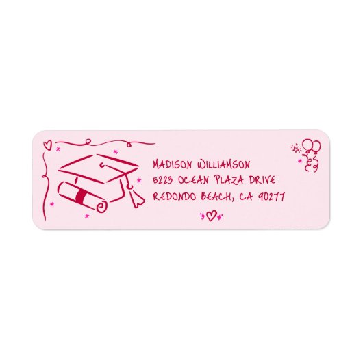 Pink Red Hand Drawn Doodles Graduation Cap Address ラベル (正面)
