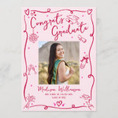 Pink Red Hand Drawn Doodles Graduation Photo Retro 案内状 (正面)