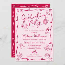 Pink Red Hand Drawn Doodles Graduation Retro Party 招待状