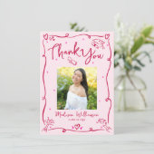 Pink Red Hand Drawn Doodles Photo Graduation Retro サンキューカード (スタンド正面)