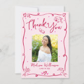 Pink Red Hand Drawn Doodles Photo Graduation Retro サンキューカード (正面)