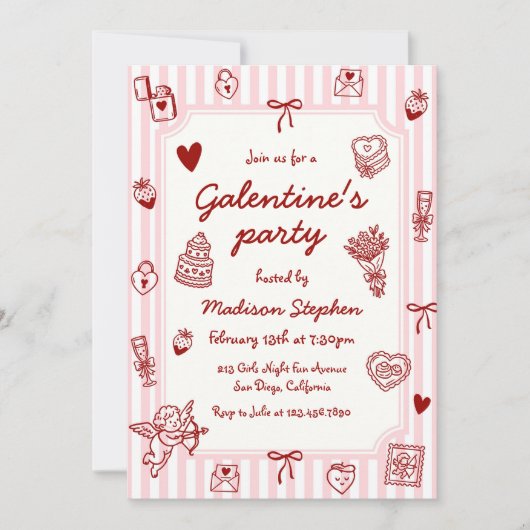 Pink Red Hand Drawn Galentine's Party 招待状 (正面)