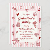  Pink Red Hand Drawn Galentine's Party 招待状 (正面/裏面)