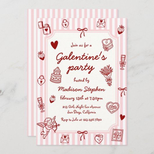  Pink Red Hand Drawn Galentine's Party 招待状 (正面/裏面)