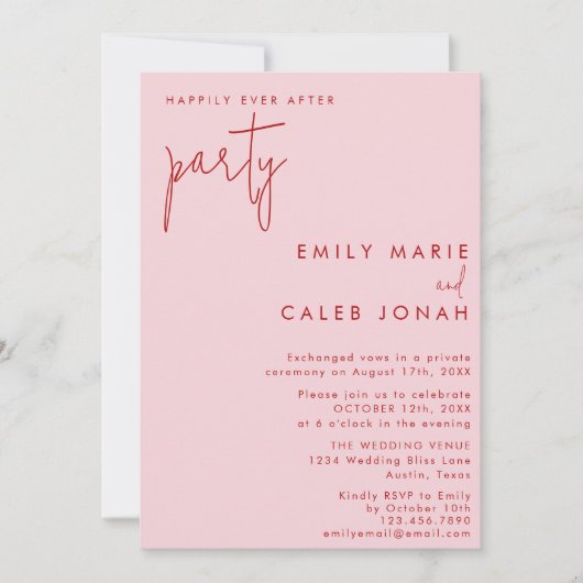 Pink Red Happily Ever After Wedding Reception 招待状 (正面)