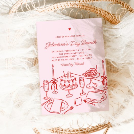 Pink & Red Heart Galentine's Day Brunch 招待状