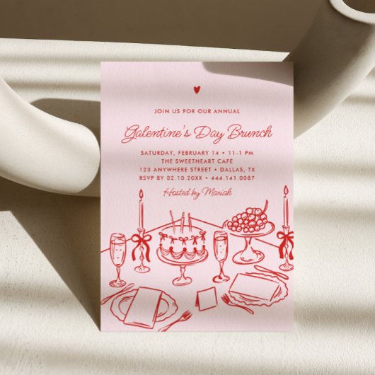 Pink & Red Heart Galentine's Day Brunch 招待状