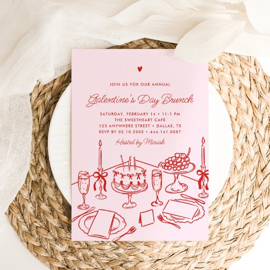 Pink & Red Heart Galentine's Day Brunch 招待状