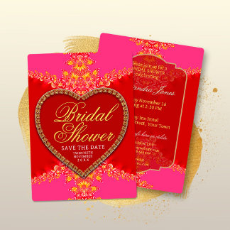 Pink Red Heart Gold Lace Girls Party Bridal Shower 招待状