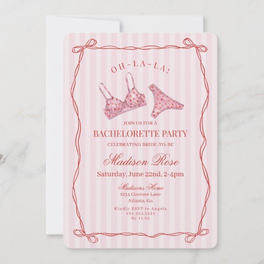 Pink & Red Heart Lingerie Bachelorette Party 招待状 (正面)