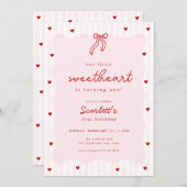 Pink Red Heart Little Sweetheart Birthday Invite 招待状 (正面/裏面)