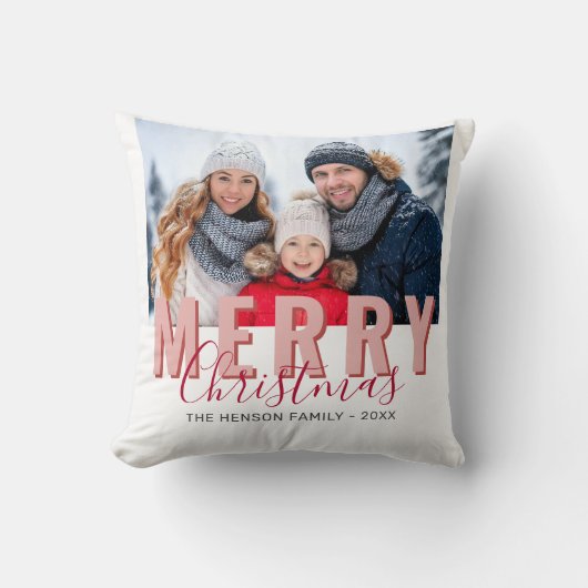 Pink Red Merry Christmas Script Family Photo クッション (正面)