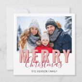 Pink Red Merry Christmas Script Family Photo シーズンカード (正面)