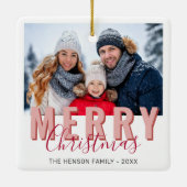 Pink Red Merry Christmas Script Family Photo セラミックオーナメント (裏面)
