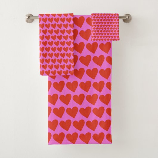 Pink Red Modern Retro Heart Pattern Valentine Cute バスタオルセット (インサイチュ)