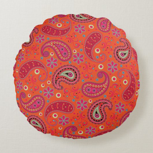 pink red orange paisley pattern,boho paisley ラウンドクッション (正面)