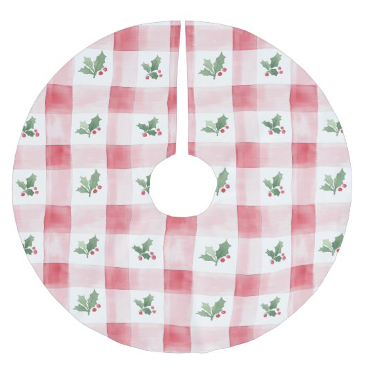 Pink Red Plaid Pattern Christmas ブラッシュドポリエステルツリースカート (正面)