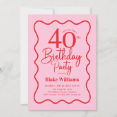 Pink Red Retro 40th Birthday Wavy Border 招待状 (正面)