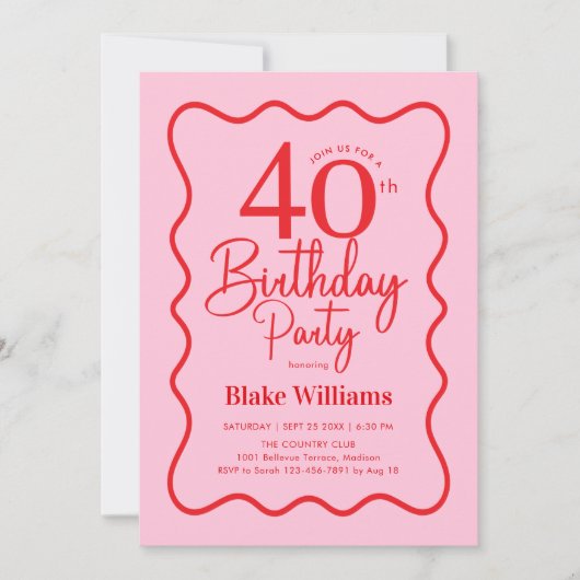 Pink Red Retro 40th Birthday Wavy Border 招待状 (正面)