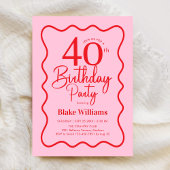 Pink Red Retro 40th Birthday Wavy Border 招待状
