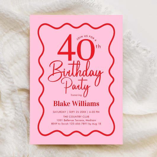 Pink Red Retro 40th Birthday Wavy Border 招待状