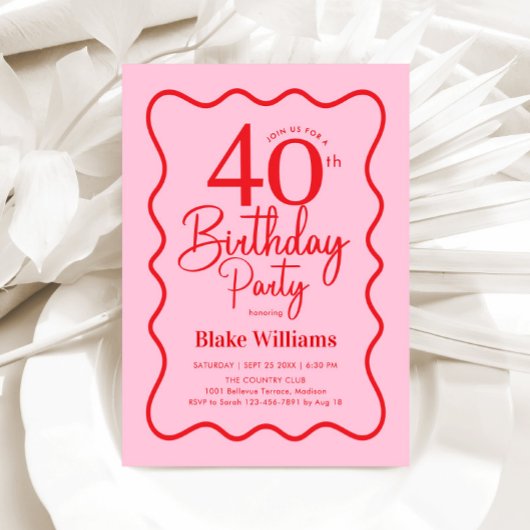 Pink Red Retro 40th Birthday Wavy Border 招待状